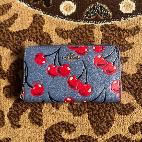 COACH Blue Medium Zip Around Wallet With Cherry Print - Picture 1 of 3